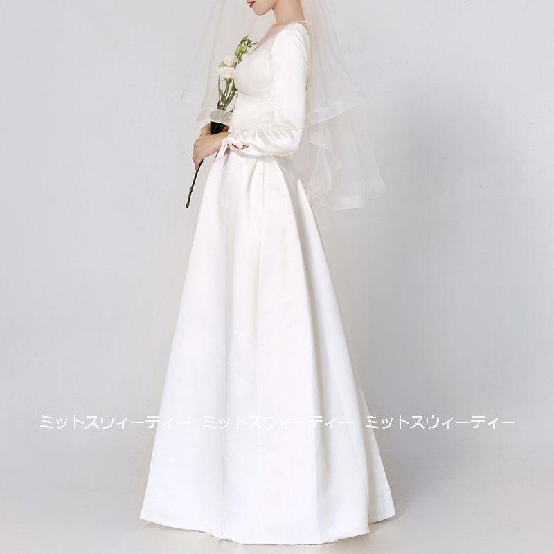 ウェディングドレス ロングドレス 結婚式 ウエディングドレス 長袖 Aラインドレス 二次会 花嫁 前撮り エレガント サテン ホワイト シンプル リゾート 披露宴|maruk shop