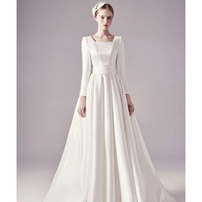 ウェディングドレス Aライン 結婚式 海外挙式 ウエディングドレス 二次会 花嫁 披露宴 ブライダル ロングドレス 長袖 サテン バックレース シンプル エレガント|maruk shop