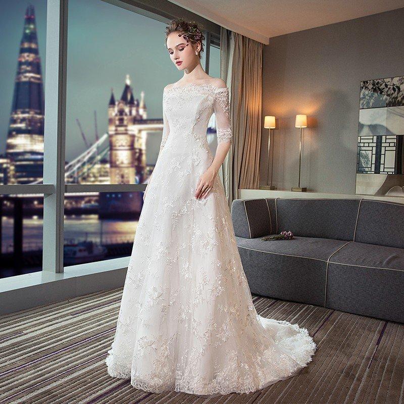 ウエディングドレス aライン 安い 半袖 ウェディングドレス ロング 花嫁 結婚式 白 パーティードレス 二次会 ブライダルワンピース 演奏会 イブニングドレス｜maruk shop