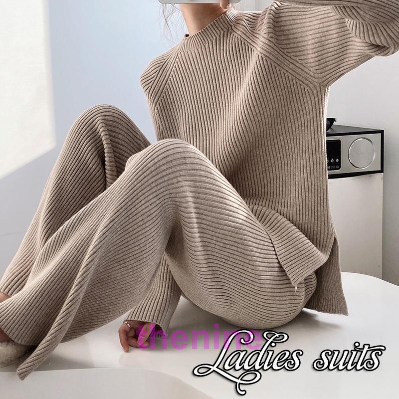 セットアップ レディース ニット ワイドパンツ セーター 春 トップス 秋 冬 ハイウエスト ウエストゴム  おしゃれ 長袖 卒業式 服 母  通勤 OL 2点セット