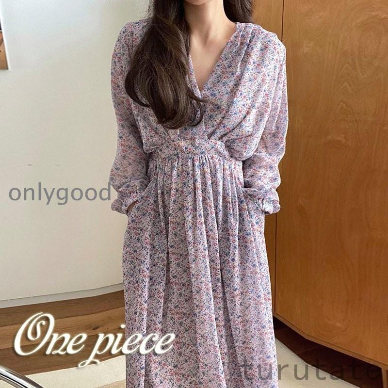 衣装 春物 レディース 秋服 ロング丈 お召しもの  花柄 長袖 シフォン 心地好い キレイめ かっこ良い 韓国 卒式 服 母 着痩せ 通い OL キッズファッション-ワンピース-キッズ・ベビー・マタニティ