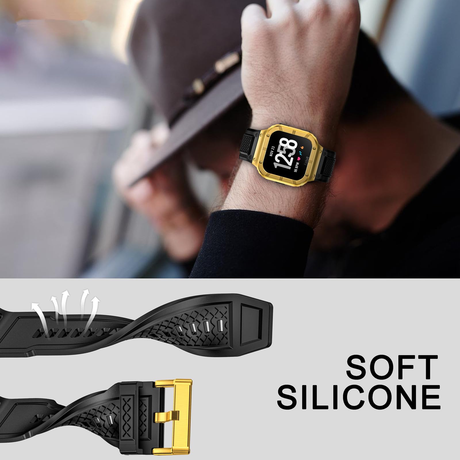 SUPLINK シリコンバンド Fitbit Versa 4/3/2/Lite/Sense/Sense 2 対応 バンド 金属ケース付き 頑丈なスポーツプロテクターカバー シリコンリストバンド 男性用 ゴールド|マルミヤCP