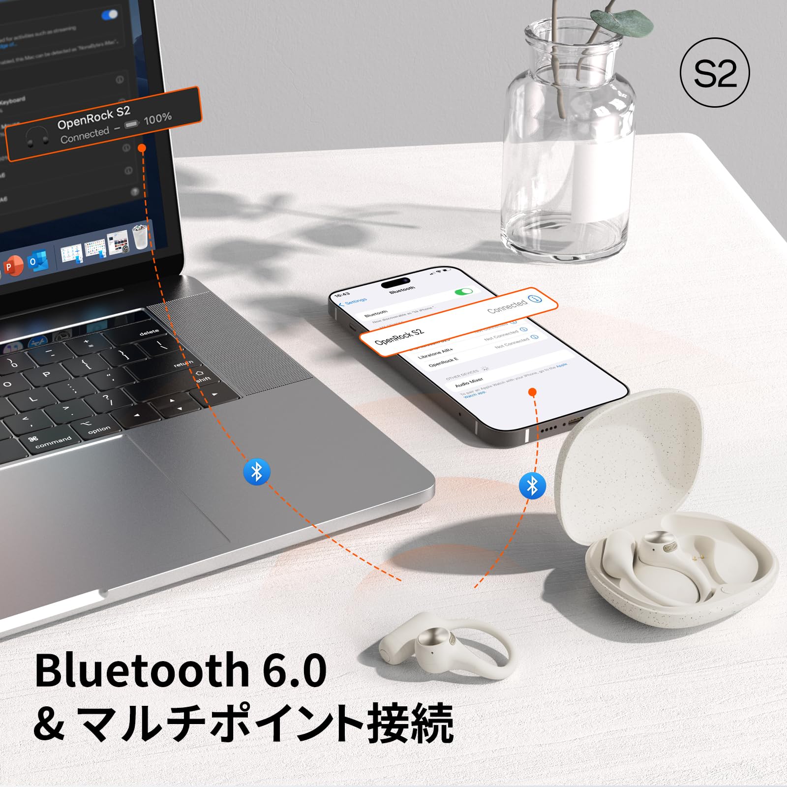 OpenRock S2 オープンイヤー ワイヤレスイヤホン 耳を塞がない 耳掛け式 超軽量7g LDAC/ハイレゾ 32時間再生 IPX5防水 マルチポイント接続 ENC通話ノイズキャンセリング｜マルミヤCP