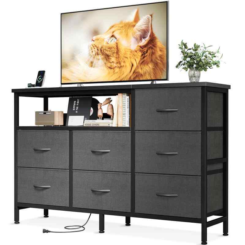 AODK タンス チェスト コンセント付き 幅132×奥行30×高さ90cm テレビ台 リビング 収納 大容量 洋服タンス 収納ケース 衣装ケース 布製引き出し 箪笥 おしゃれ 転倒防止 安定感 3段7杯