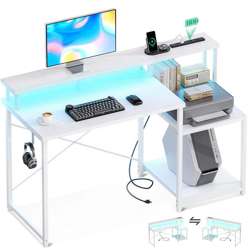 AODK ゲーミングデスク パソコン机 ラック&コンセント付 幅120/140cm モニター台&プリンター台付 LEDライト付 ゲーム/在宅ワーク/オフィス用 左右入れ替え対応
