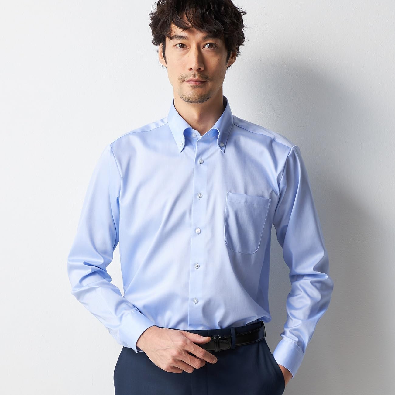[オリヒカ] 楽ちんノンアイロン ワイシャツ 長袖 綿100 形態安定 ノーアイロン メンズ ブルー ボタンダウン ATLB66BL 首回り39cm裄丈84cm｜マルミヤCP