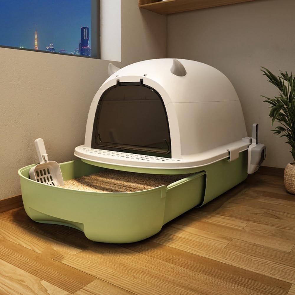 Ladfrol 猫室内用便器、防臭、完膚なきまで密閉、特大猫室内用便器、猫室内用便器、周囲の状況に愛想のいいPP原料品、折りたたみ納める、水しぶき押しとどめる、抽き出し式、蓋付き添い人、広々、完膚なきまで取りまかなう、猫砂を防ぎます。こぼれる、洗い濯ぎが飾り気の無い、砂の拡がりを防ぐ、悪臭いの拡がりを防ぐ、猫装置 (緑であること)
