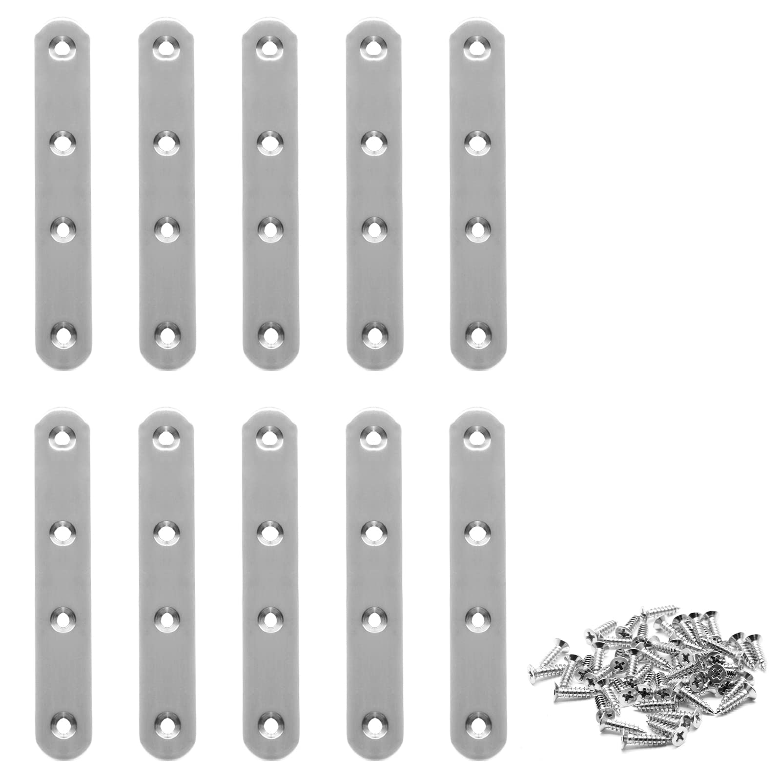 フラットストレートブレース10個 ステンレススチール 125 x 20 mm フラットストレートコーナーブラケットメタルメンディングプレート 木製家具シェルフ食器棚用 ネジ付き