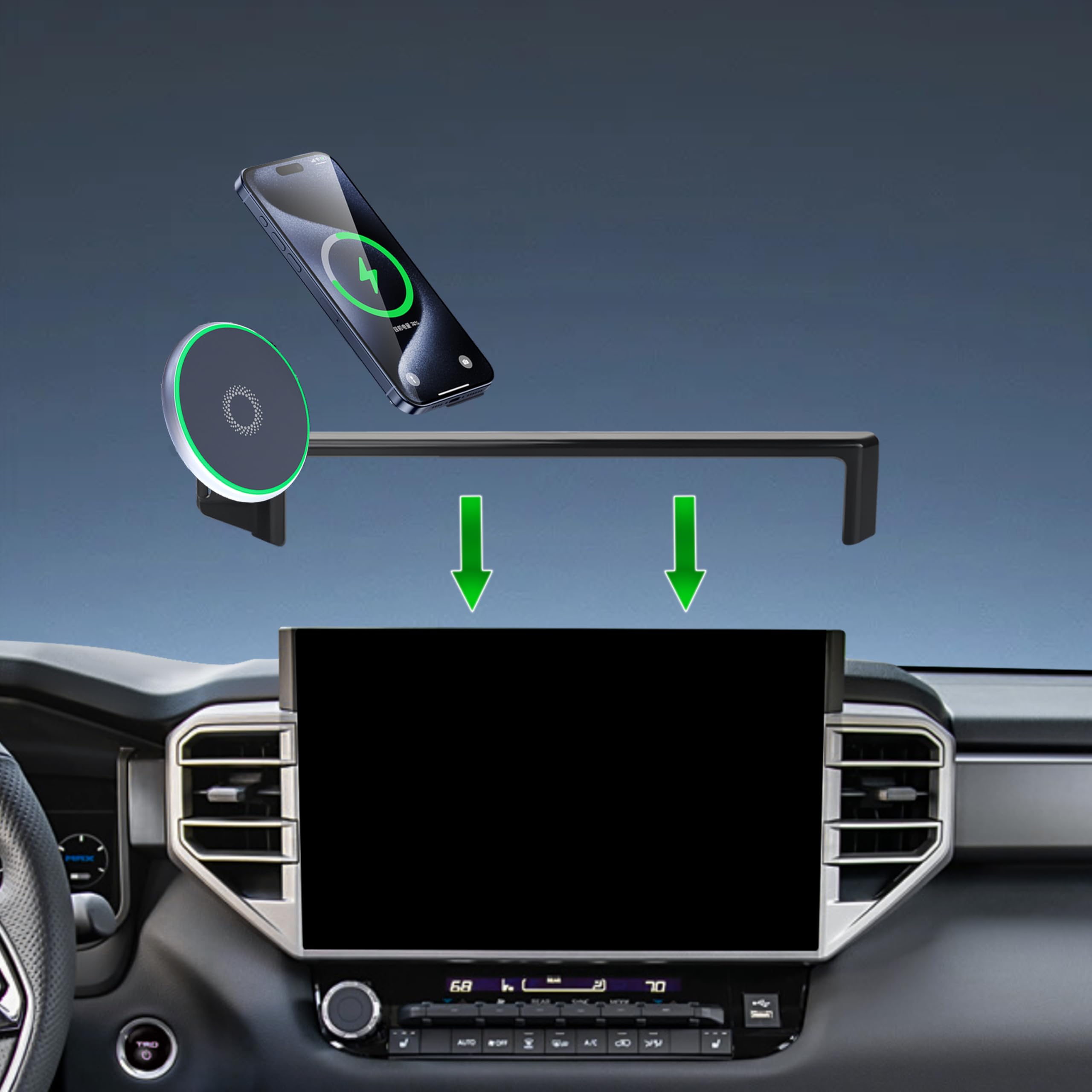 車用携帯電話ホルダー 2022-2025 トヨタ タンドラ/2023 2024 2025 トヨタ セコイアアクセサリー 15W 高速ワイヤレス充電器 スクリーン 固定クリップ 携帯電話マウント ハンズフリー 360度回転 (14インチ)