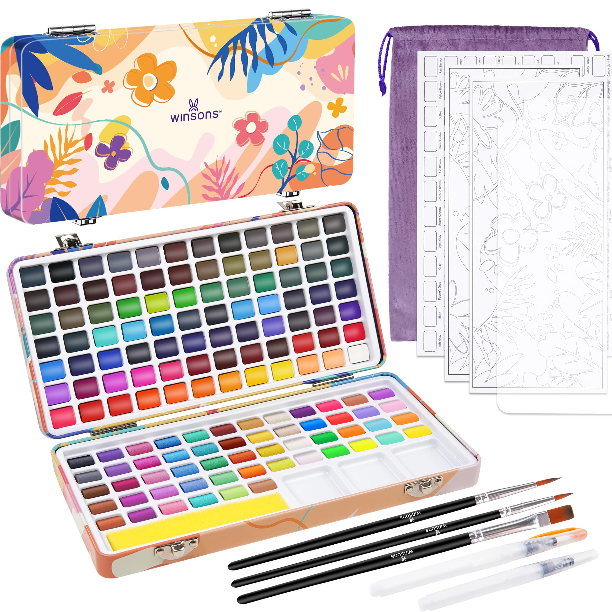 水彩絵の具セット、138色の鮮やかな色、トラベル水彩セット、ミニパレット、ブラシ、水彩シート付き ? 非毒性、高顔料画材。アーティスト、アマチュア愛好家、絵画愛好家向け。