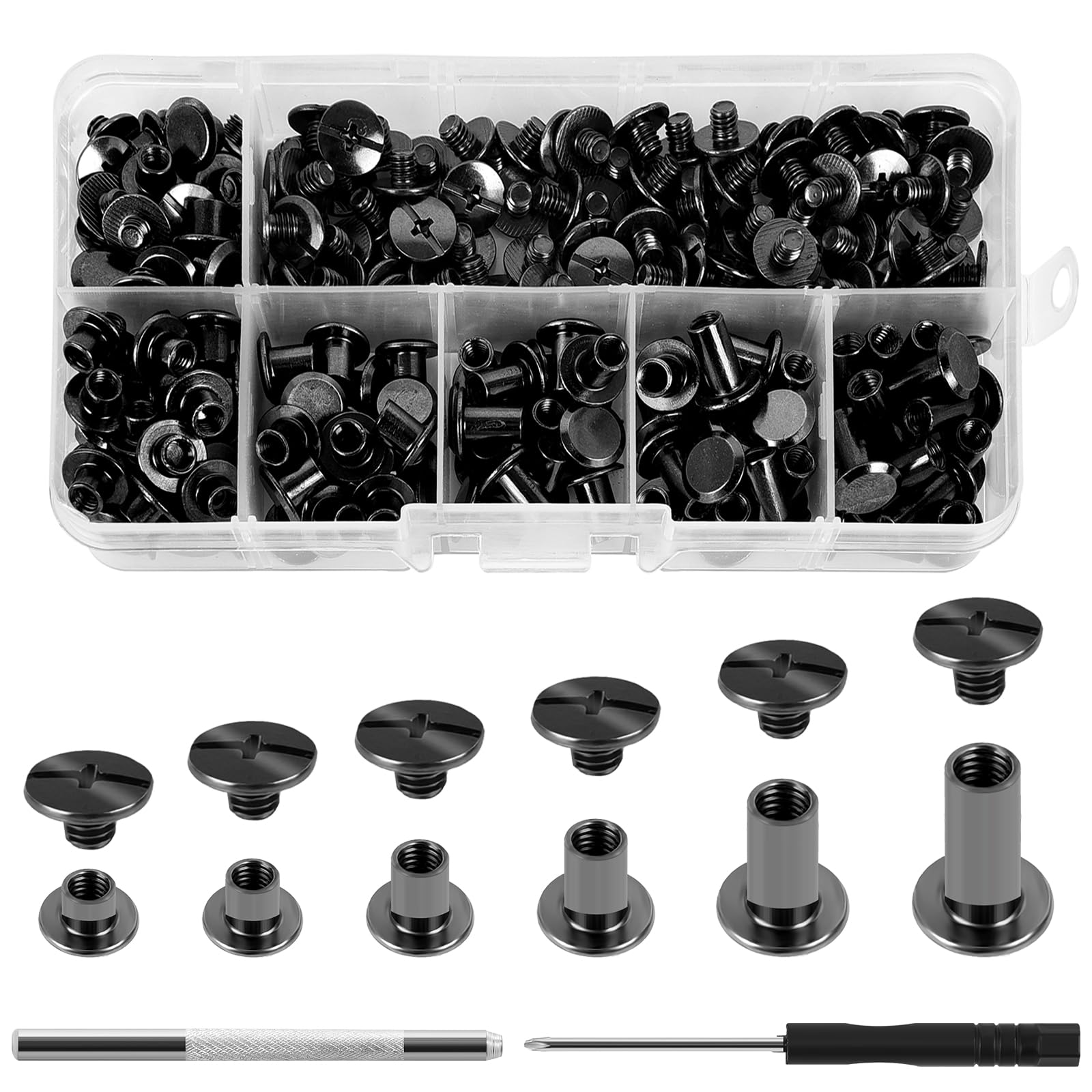 110セット シカゴネジキット - M5x4、5、6、8、10、12mm アソートレザースクリューリベット フィリップヘッドブックバインディングネジ スパイクとスタッド DIY 修理 レザークラフト ベルト バッグ 靴 財布 製本