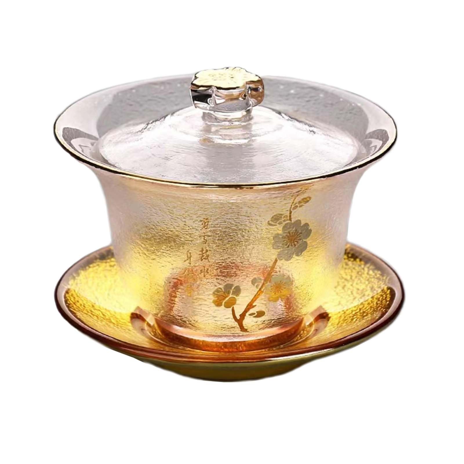 茶道具 耐熱澄み切った蓋碗 梅 蘭 竹 菊 四君子 硝子湯呑 み茶杯 三才蓋碗 中国の茶道具 茶器 功夫茶具 生まれ落ちる日 御芽出度 儀式用 差し上げ物(金底,梅の花) [並行輸入品]