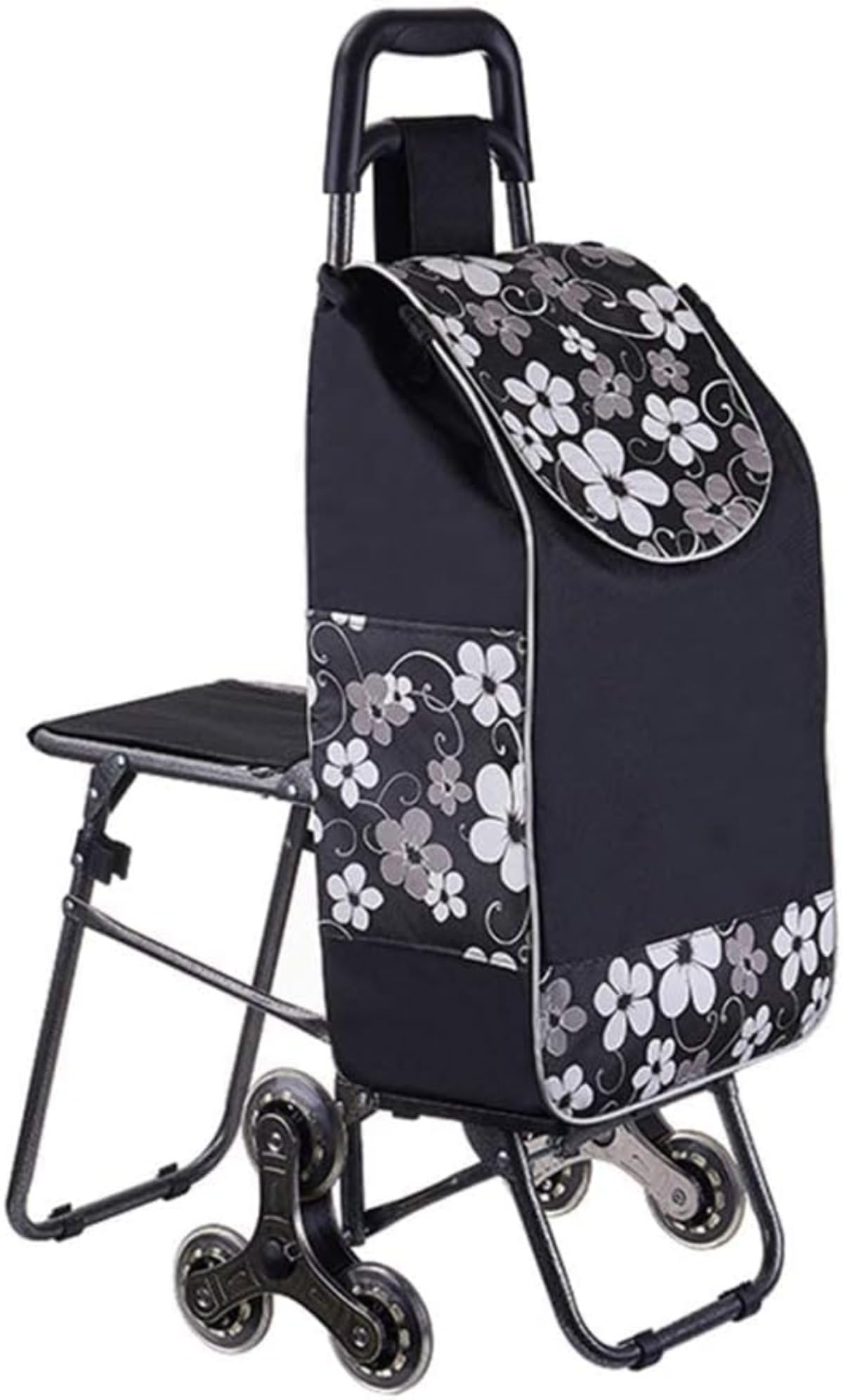 3輪ショッピングカート 椅子付き 座れる シルバーカー 折り畳み式 高齢者 トラベルバッグ お買い物 階段上り下り 大容量 登りやすい 楽々移動 キャンプ アウトドア 両親 妻 家庭用 キャリーワゴン (OneSize,柄4)｜いいものばかり