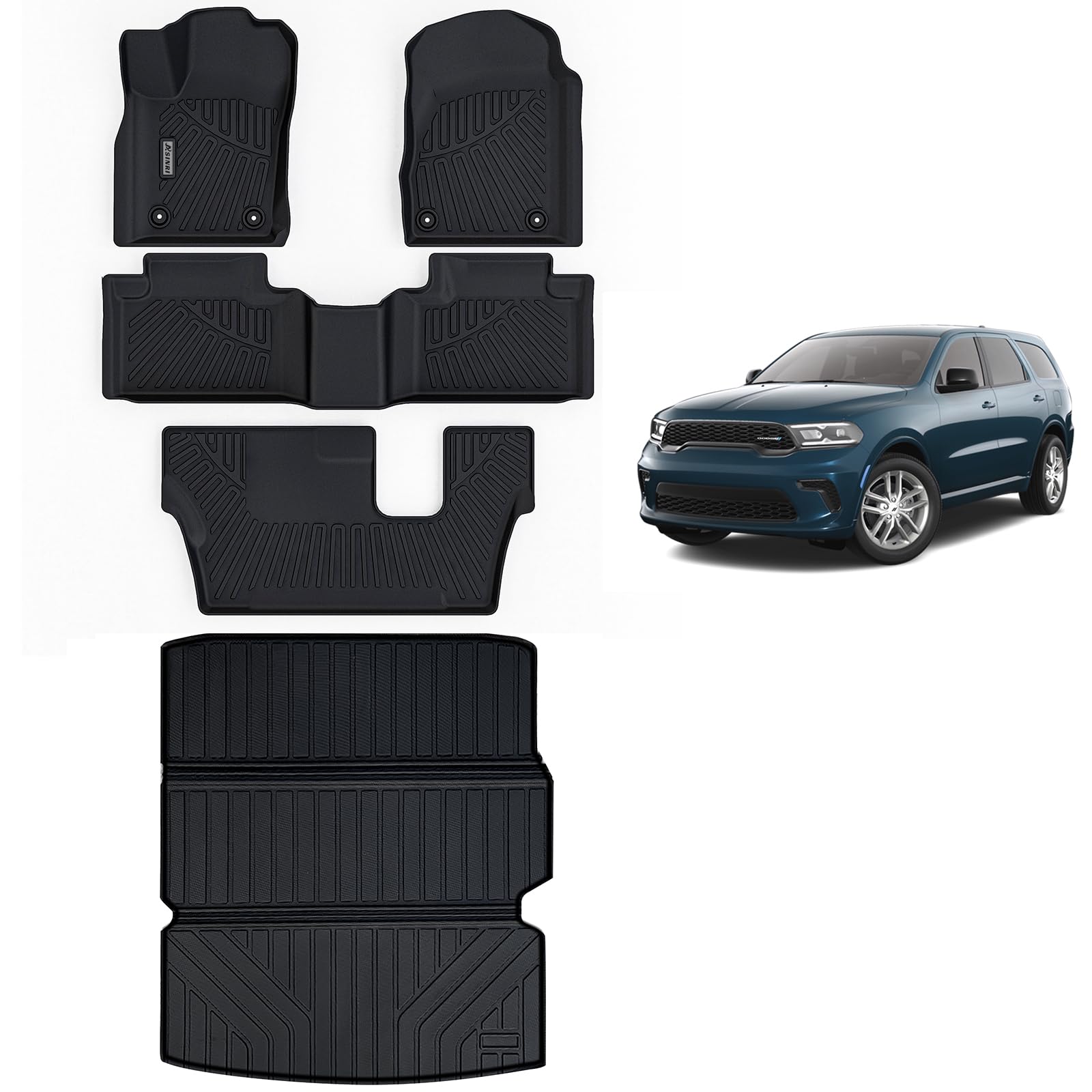 フロアマット & 大型トランクマット 2016-2023 2024 Dodge Durango (7シート(2列ベンチシート))、TPE 全天候保護 1列目、2列目、3列目フルセット カーフロアライナー カーゴライナー付き ブラック