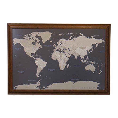 世界地図 暗い色調 フレームとピン付き 24×36インチ ブラウン PPTM_ET_W_BR