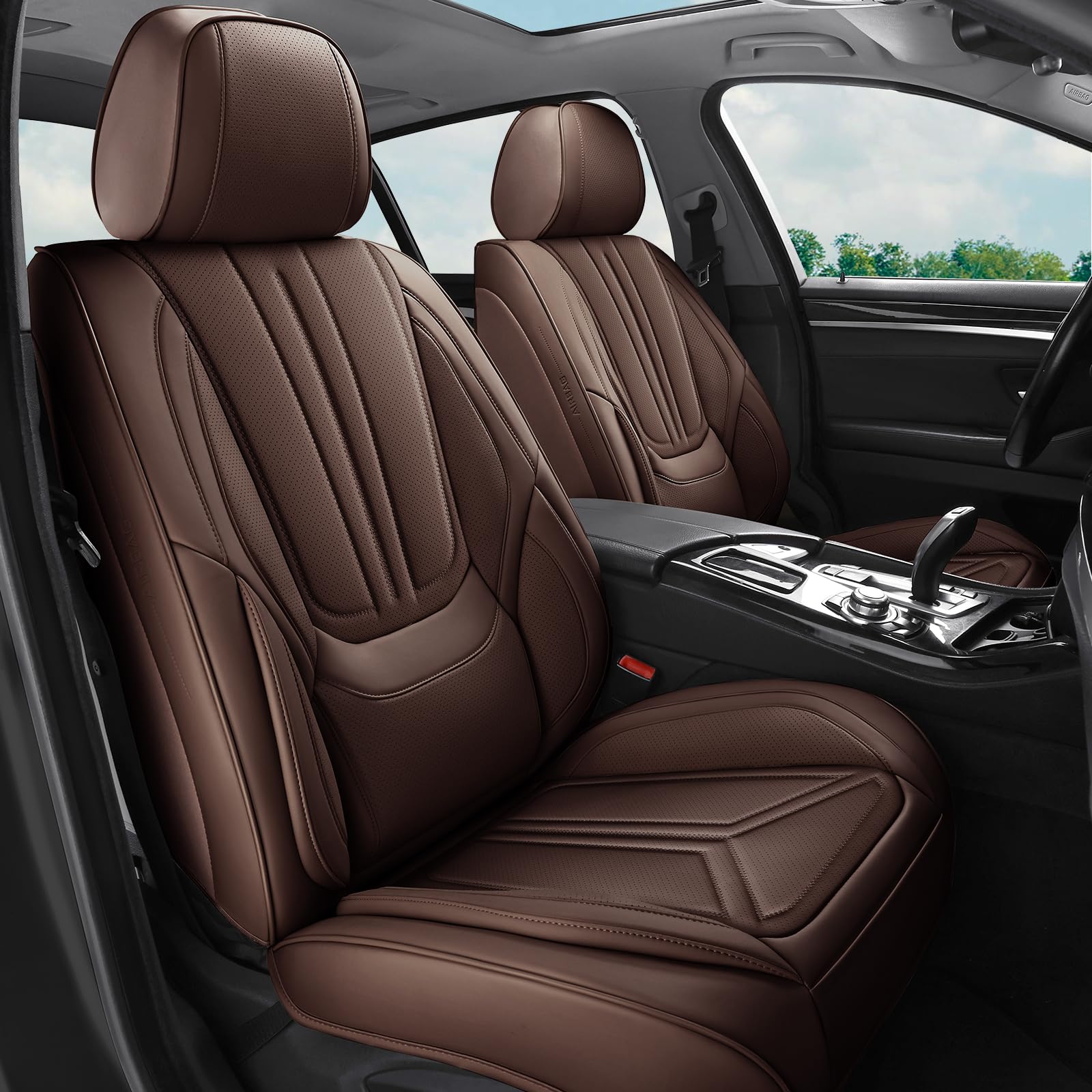 レザーカーフロントシートカバー プレミアムフェイクレザーシートカバー 通気性と防水性 ほとんどの車、SUV、トラックにユニバーサルフィット (ブラック、フロント)