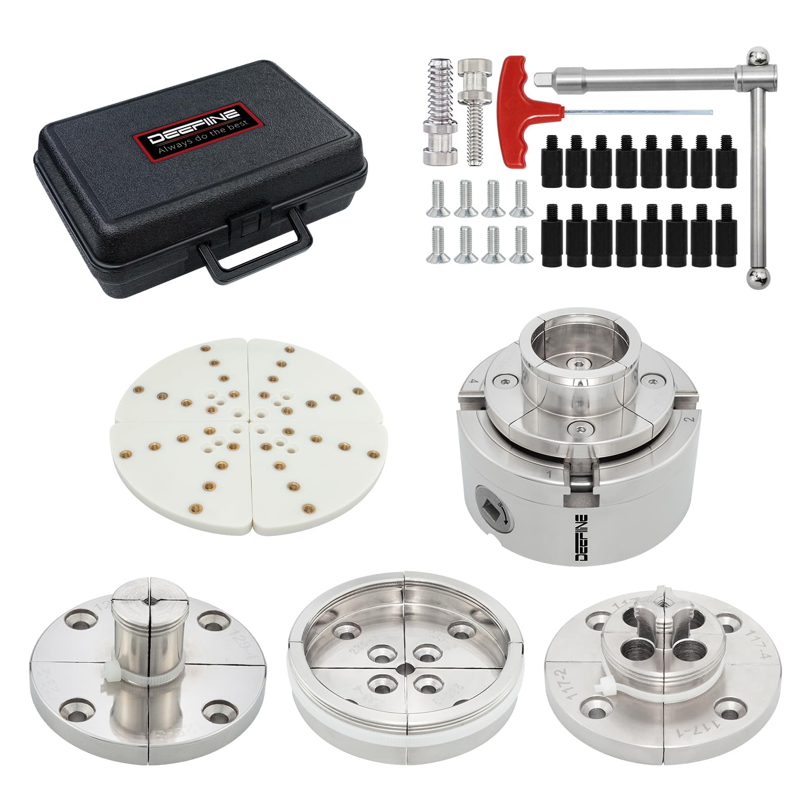 DEEFINE 4インチ木工旋盤チャックキット1''X 8 TPIネジ、ニッケルメッキ自定心4爪木工旋削チャックキット（5つのニップ）