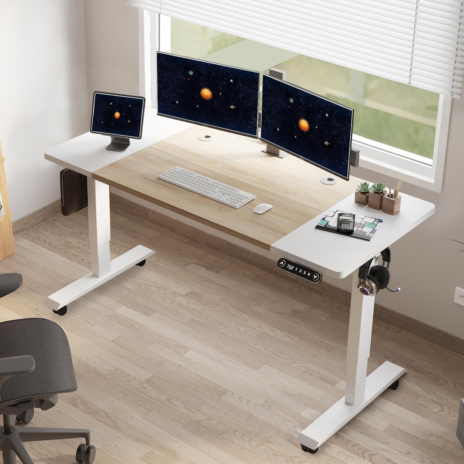 電動スタンディングデスク 高さ55 x 24インチ 高さ調節可能 スタンドアップテーブル 人間工学的 シットスタンド デスクワークステーション スプライスボード付き ダブルビーム ホワイトフレーム/ホワイト&オークトップ