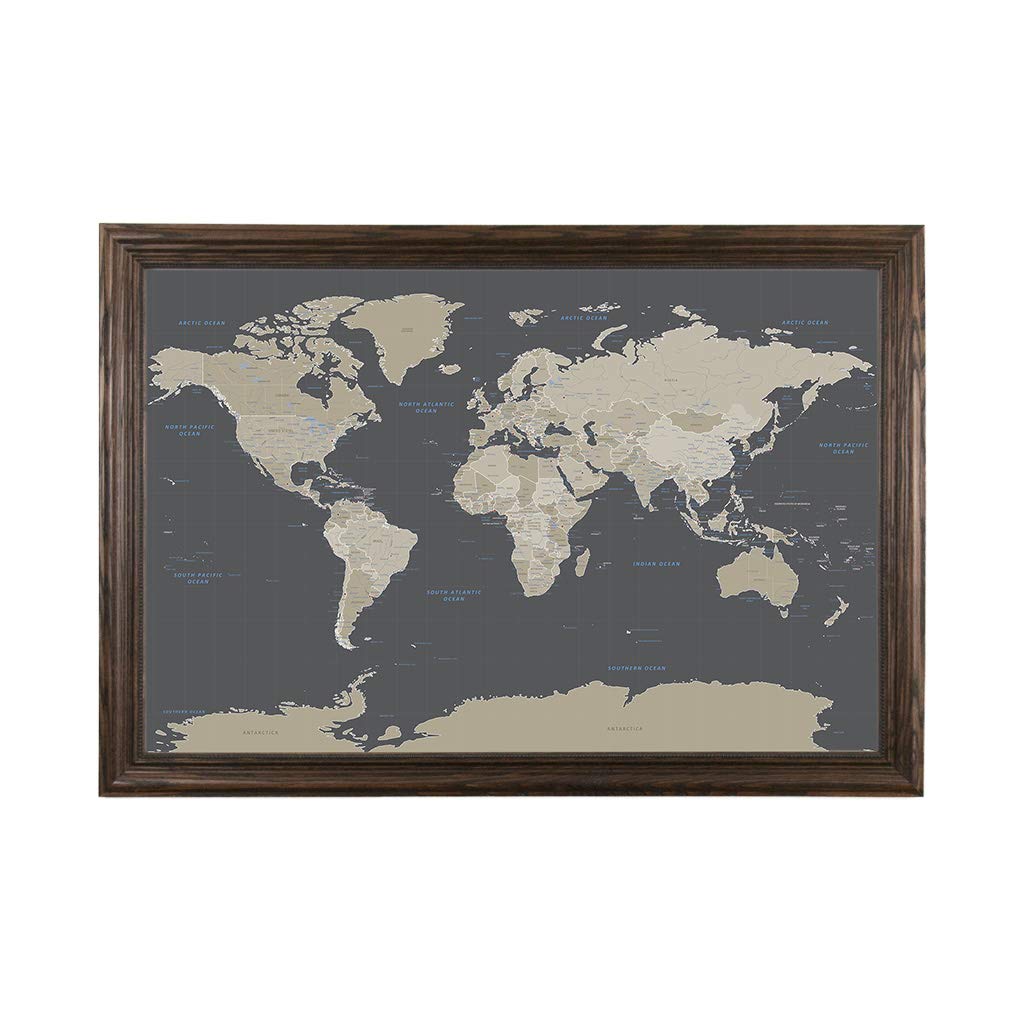 世界地図 暗い色調 フレームとピン付き 24×36インチ PPTM_ET_W_SBR