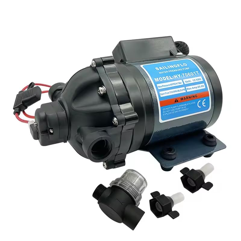 水圧ダイヤフラムポンプ 電動 12ボルト 60 PSI 7 GPM 5チャンバー 1/2インチ FNPTポート マリン RV ボート ヨット ミニモーター