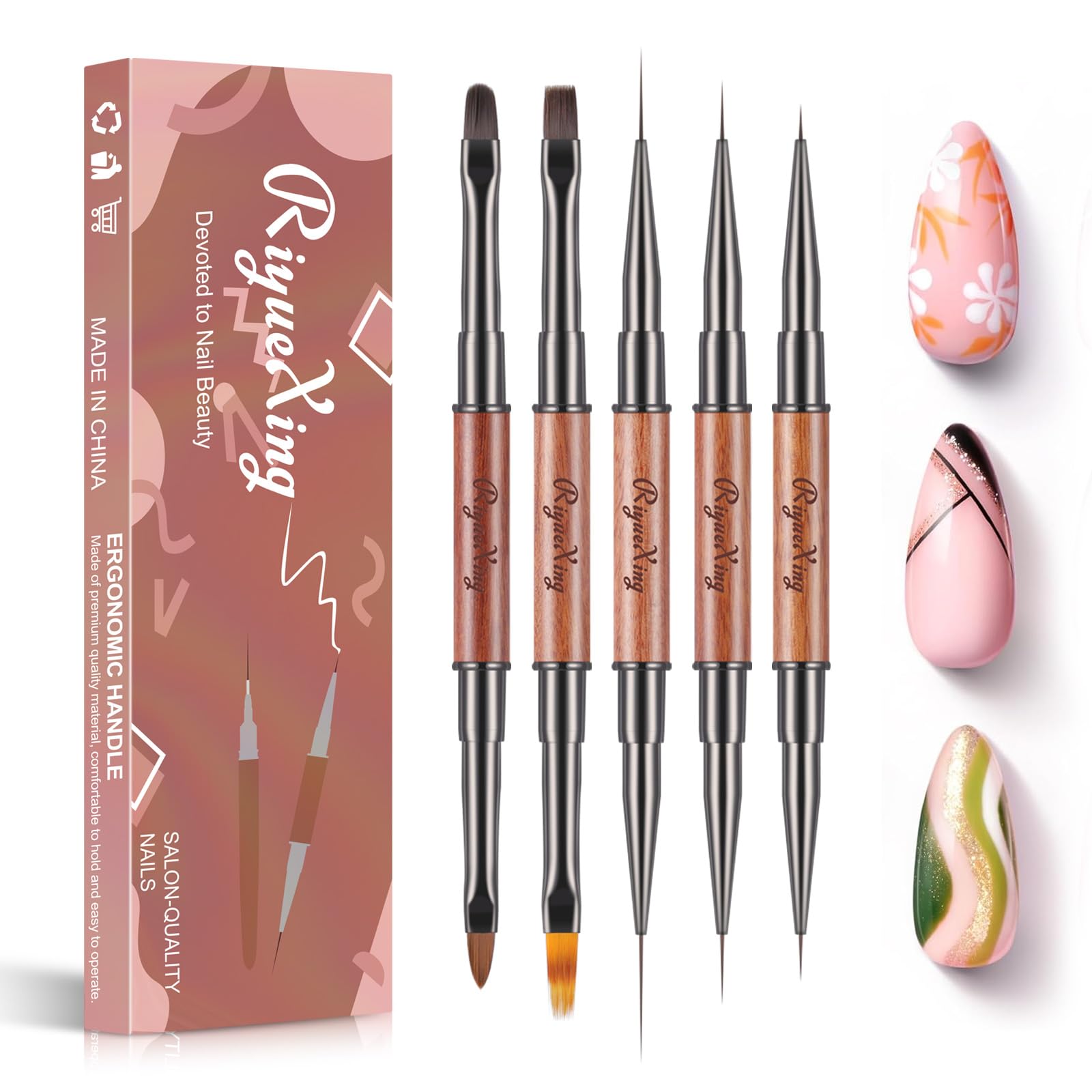 RIYUEXING ネイルアートブッシュセット - プロフェッショナル 5個入り ダブルエンドネイルブラシ アート ロングライン オンブレ 3Dデザイン ネイルブラシペン ジェルポリッシュマニキュア DIY ホームサロン