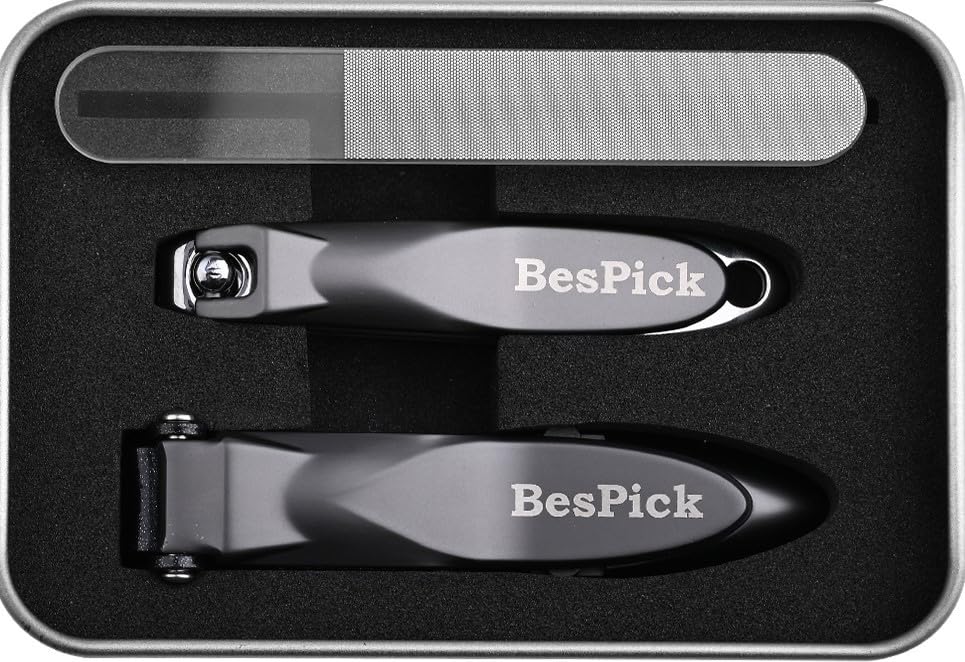 BesPick プレミアム品質大型シャープヘビーデューティーバイオミメティックアンチスプラッシュ自己収集ネイルクリッパーセット ナノガラスやすり付き(グレー、3ピースセット)