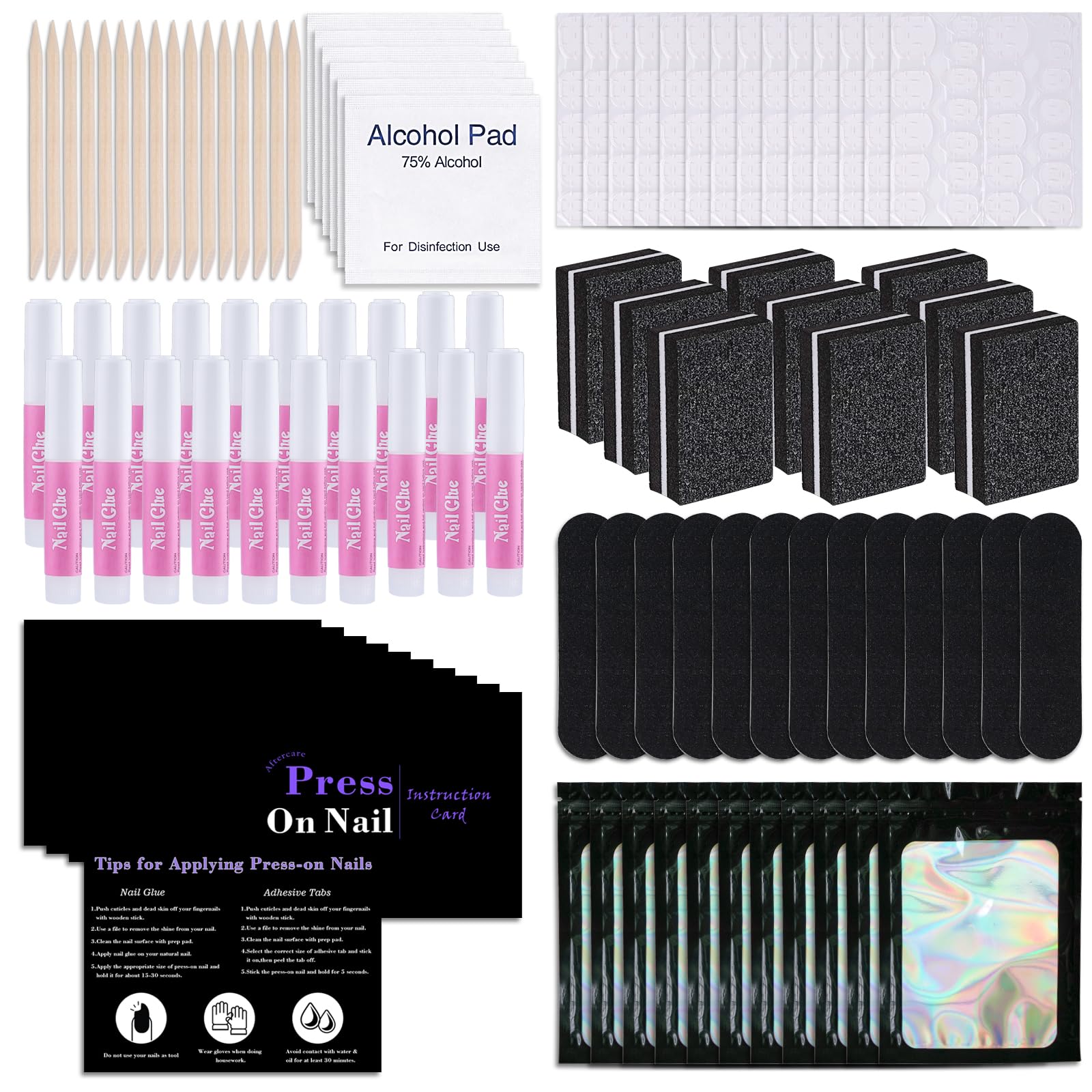 使い捨てネイル用品キット50セット、プロフェッショナルマニキュアプレスオンネイルツールキット ネイルファイル、ネイルバッファー、粘着タブ、ネイルグルー、スティック、プレップパッド、バッグ、ネイルビジネス用説明書付き (ブラック)