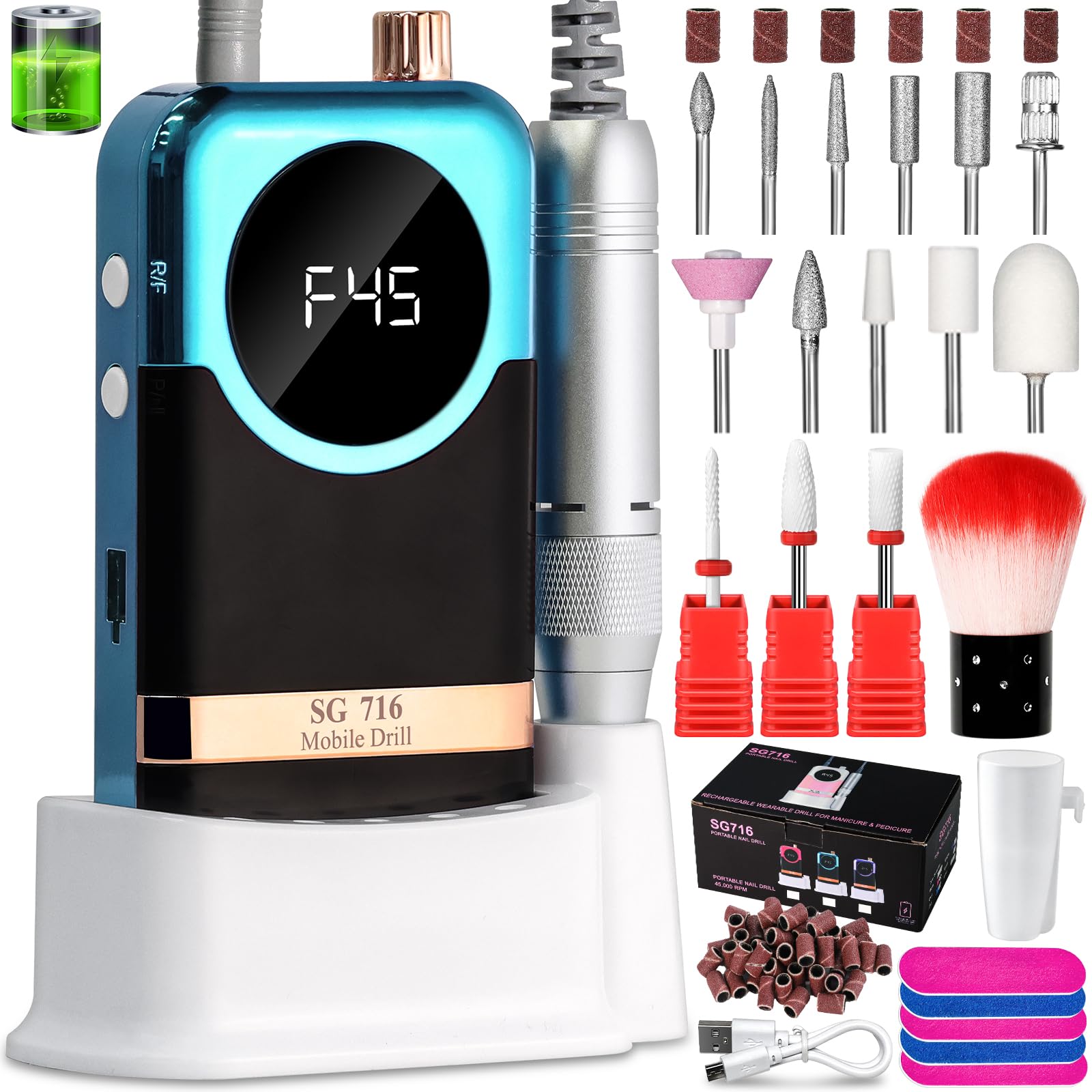 電動ネイルドリルプロフェッショナルキット - 45000RPM 電動ネイルファイル Efile ポータブルネイルドリル コードレス ビット&ベース付き Eファイルマシン ネイルグラインダー 女性用 (グリーン)