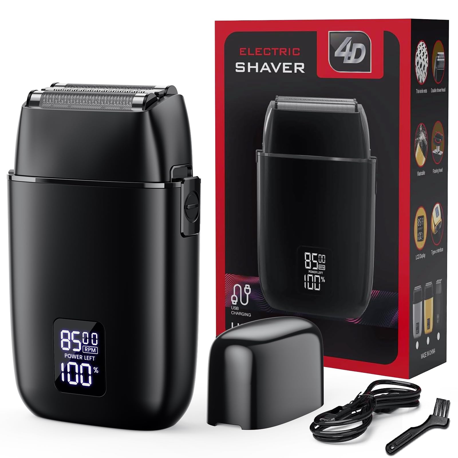 男性用電気ホイルシェーバー:3Dフローティングブレード、USB-C高速充電、IPX7防水(ウェット/ドライ)-厚いひげや敏感肌、自宅や旅行の準備ができている(ブラック)|いいものばかり