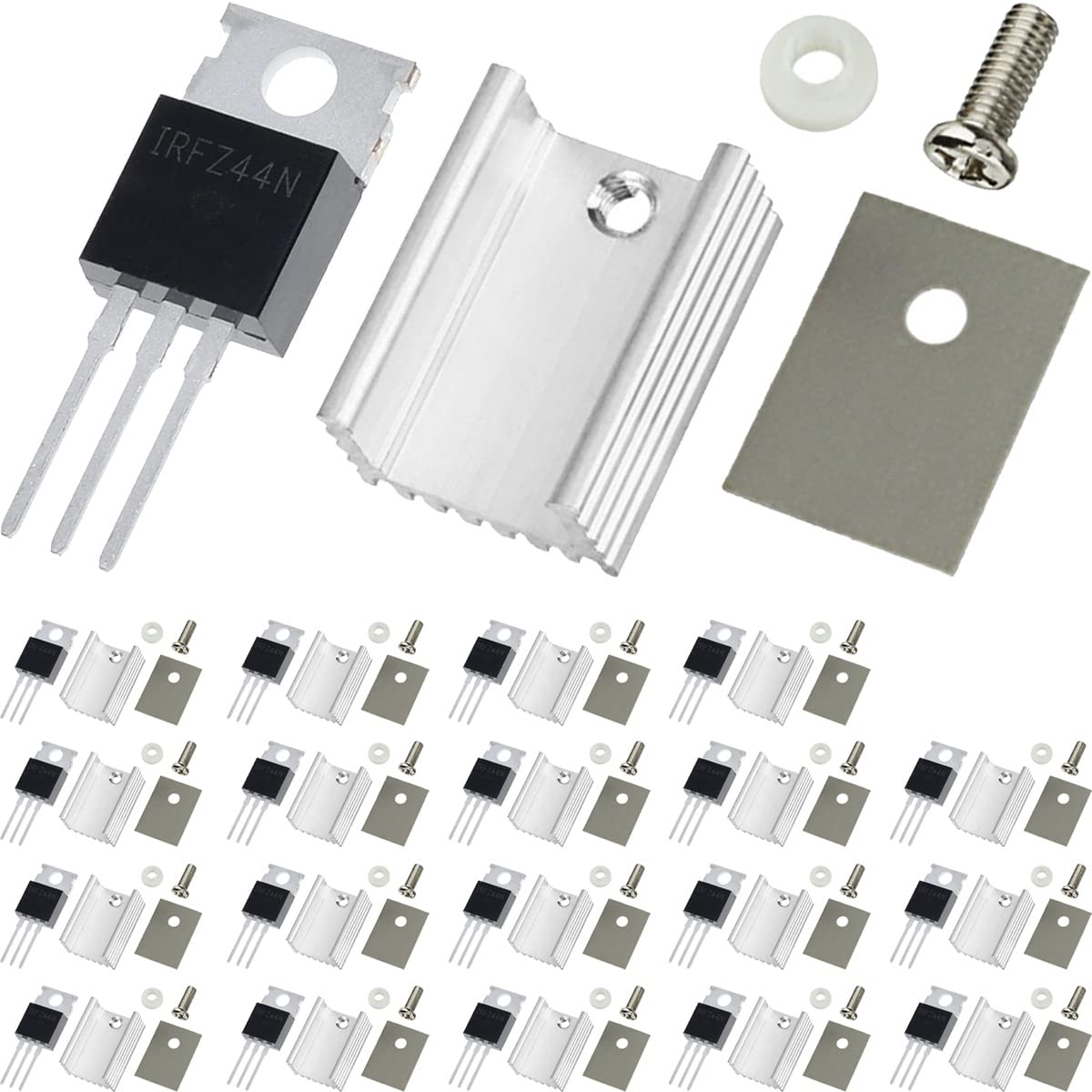 DAOKAI IRFZ44N MOSFETトランジスタインライン55V 49A Nチャンネル整流器パワーMOSFETトランジスタ+アルミヒートシンク/MOSFETトランジスタ用取付キット(20個)