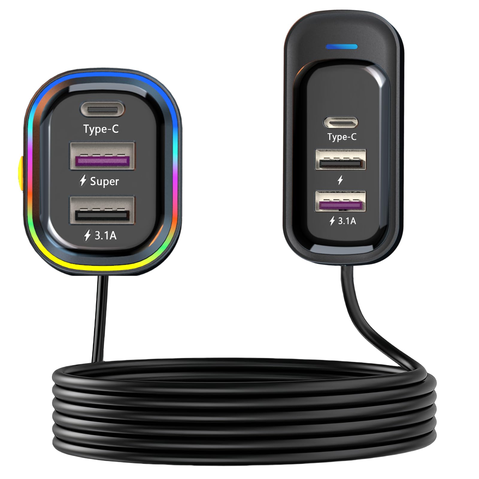 USB C カーチャージャー 81W マルチポート 6ポート PD & QC3.0 高速充電器 複数のデバイス用 シガレットライターアダプター 車旅行 必需品 5フィートのケーブル付き iPhone 15/15、iPad/Samsung S25に対応