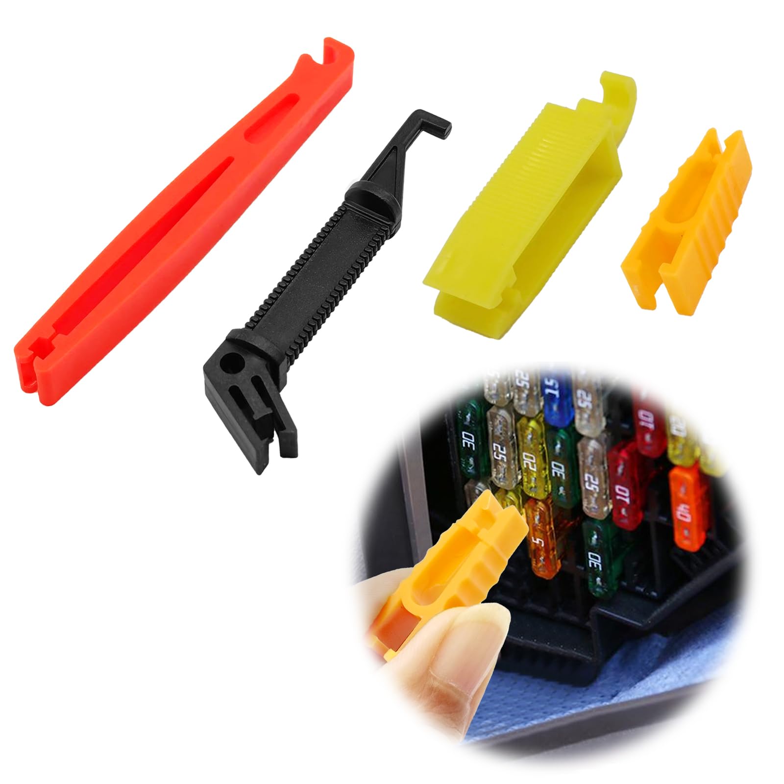4ピースブレードガラスヒューズ挿入プーラーセットプラスチックヒューズ取り外しキット、ミニ自動車用ヒューズの挿入と取り外しプラッカー、自動車、オートバイ、トラックヒューズリアクション用。｜いいものばかり