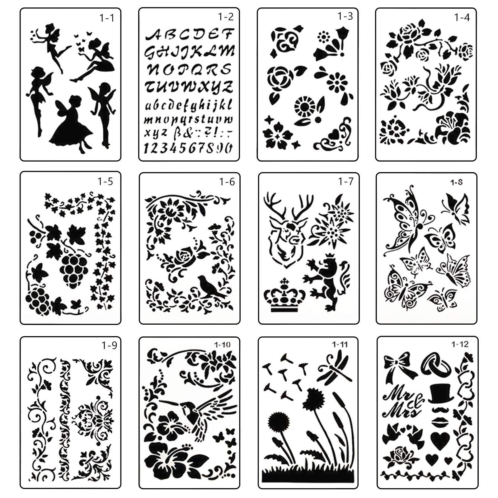 ステンシルシート 描画テンプレート ステンシル 手帳 ステンシルプレート アルファベット花柄模様 定規 数字描画ツール DIY 製図用（12枚セット）