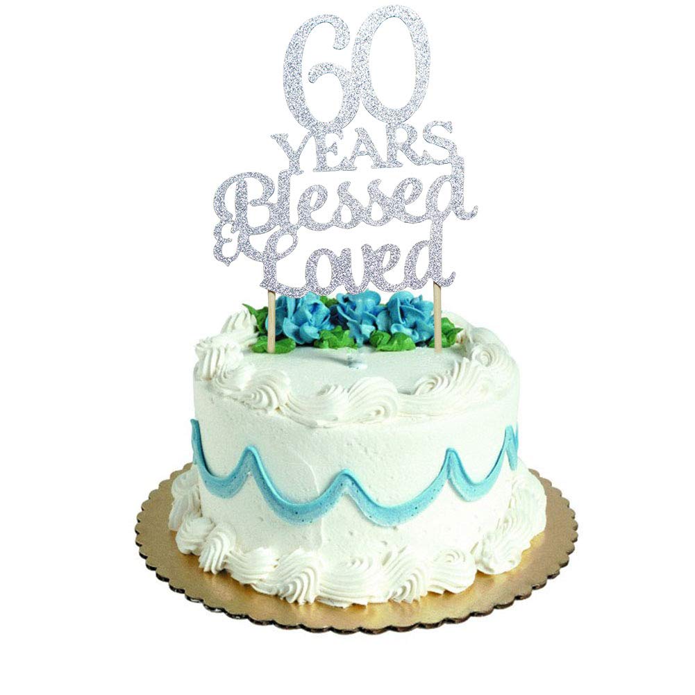 60周年祝福&愛されたケーキトッパー 60歳の誕生日 結婚記念パーティーデコレーション シルバーグリッター