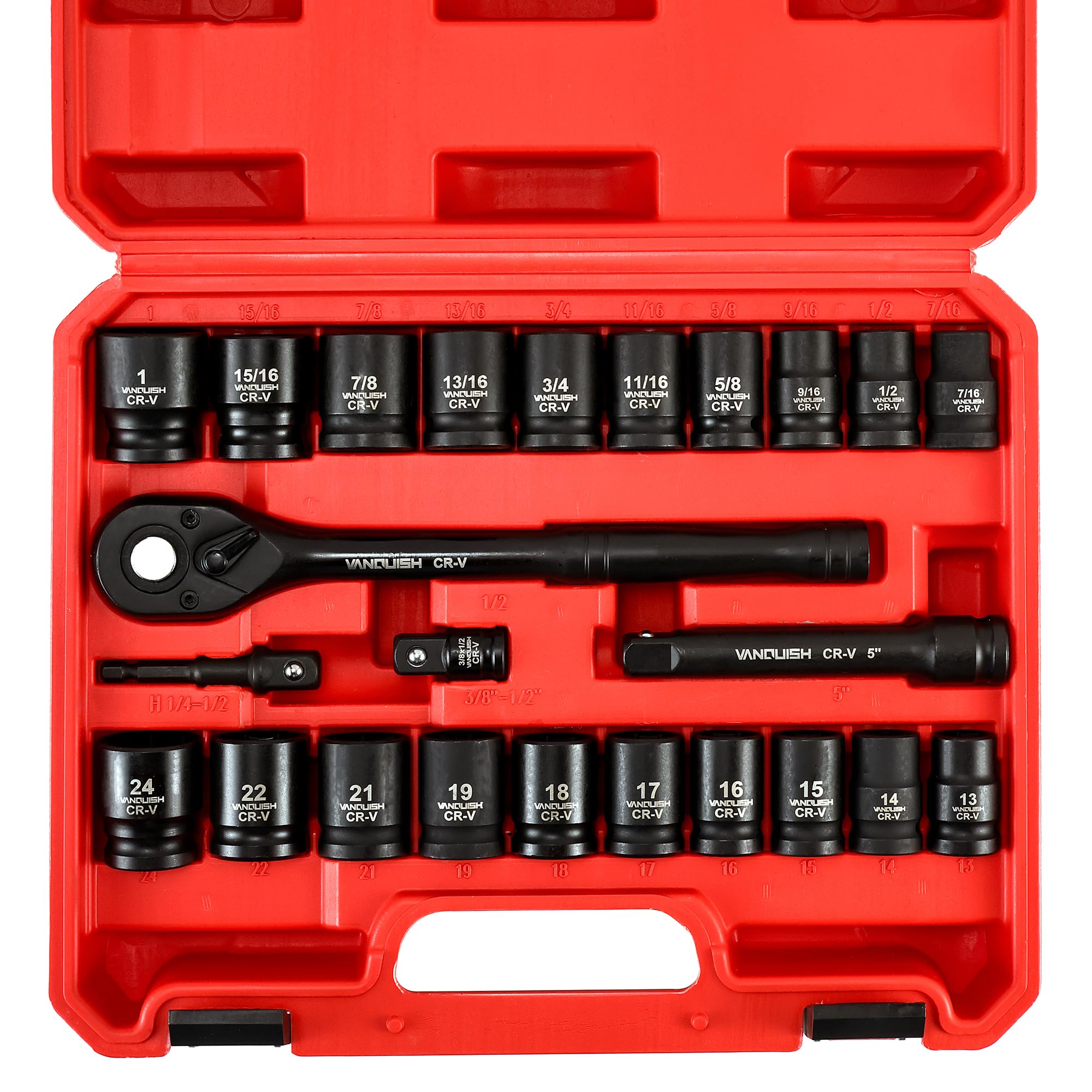 インチドライブインパクトソケットセット、24ピースシャロースタンダードSAE(7/16インチ-1インチ)&メトリック(13-24mm)サイズ、72歯ラチェットハンドル、5インチエクステンションバー8994