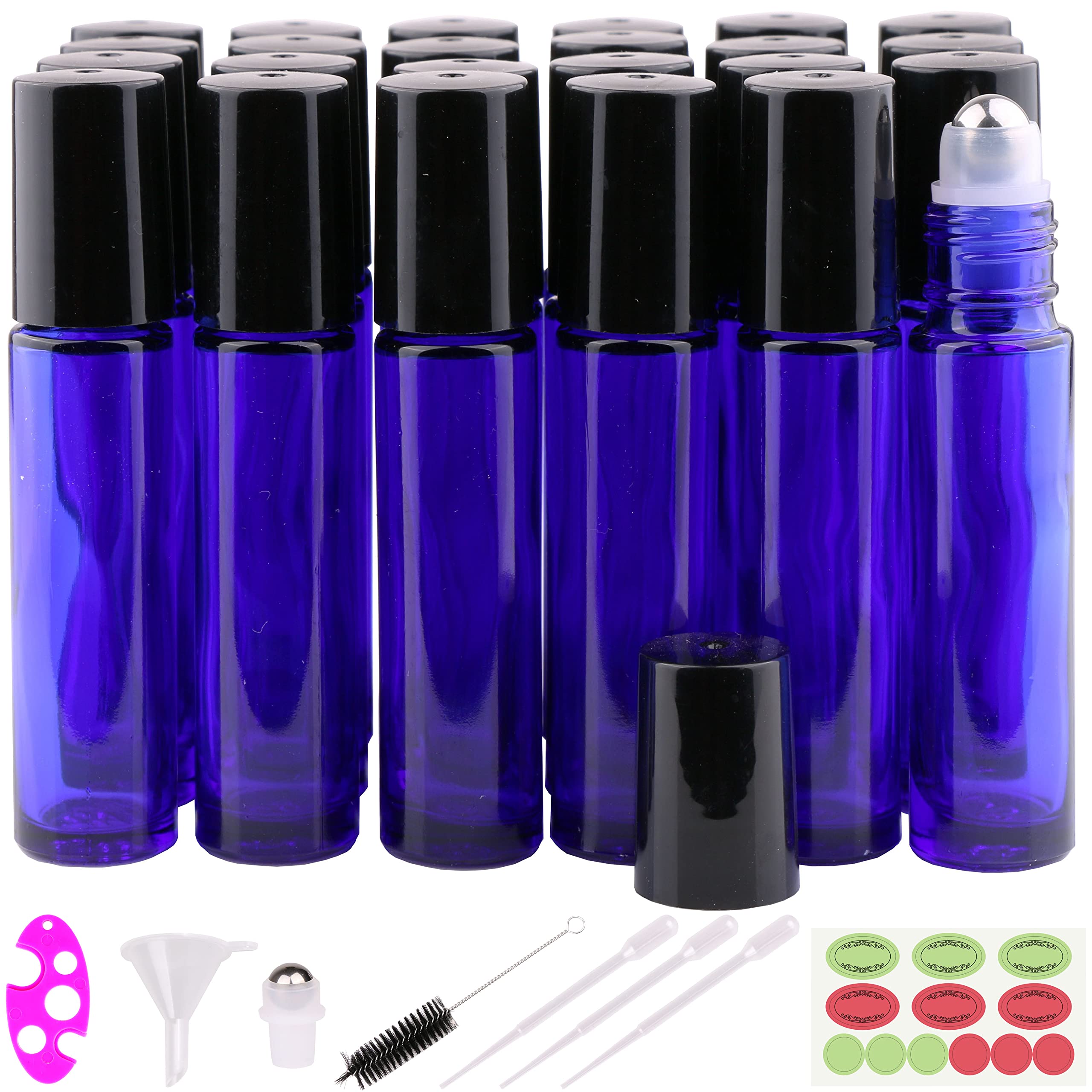 inice Roller Bottles for Oils, 24 Count Roll On Ball Bottles for Essential Oils Cobalt Blue Glass 10ml with Big Stainless Steel Roller Balls