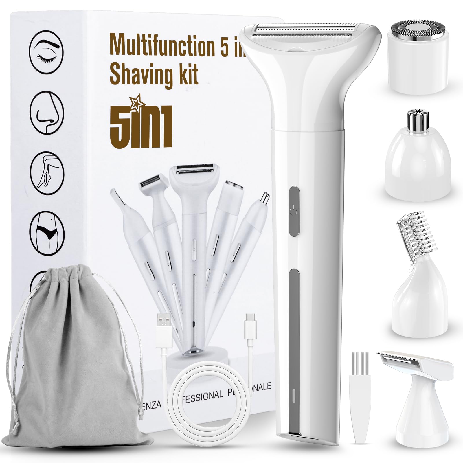 2025 女性用ビキニトリマー - 5イン1 女性用ウェット/ドライ電気カミソリ、充電式電気シェーバー、IPX7防水ヘアリムーバー 顔、鼻、眉、脚、恥骨脇の下用(ホワイト)