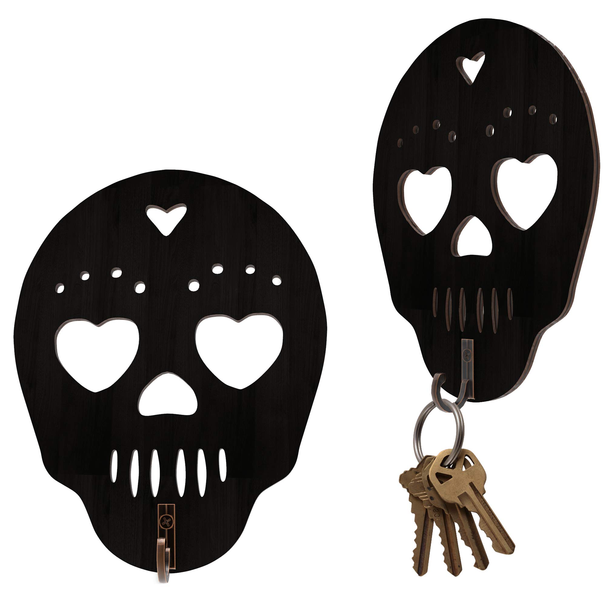 スカルキーホルダー 壁用 木製キーフック 2個セット ゴシックホーム装飾 ハロウィン/スカル/スタッフ/恋人への不気味なギフト|いいものばかり