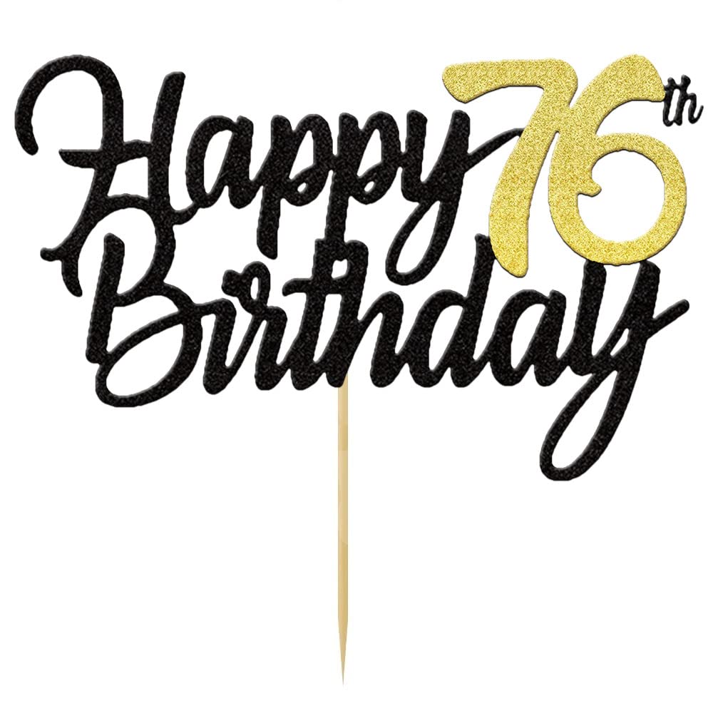 Happy 76th Birthday ケーキトッパー グリッター 76周年 ケーキトッパー 76歳 愛する誕生日デコレーション 76ゴールド バースデーケーキデコレーション 七十六パーティー用品 レディース メンズ (ブラックゴールド)｜いいものばかり