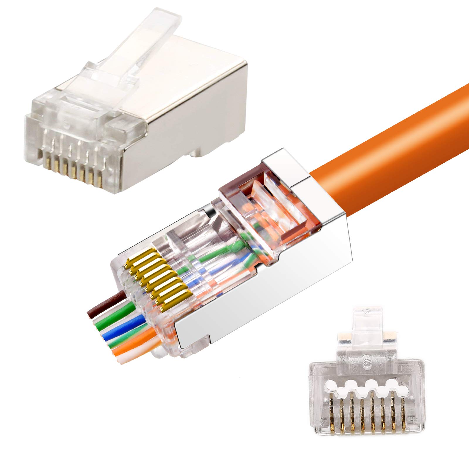 RJ45 Cat6 Cat6a パススルーコネクター 金メッキ 8P8Cプラグ ネットワークシールドエンド 23AWGツイストペアソリッドワイヤ&標準ケーブル用 (50パック)|いいものばかり