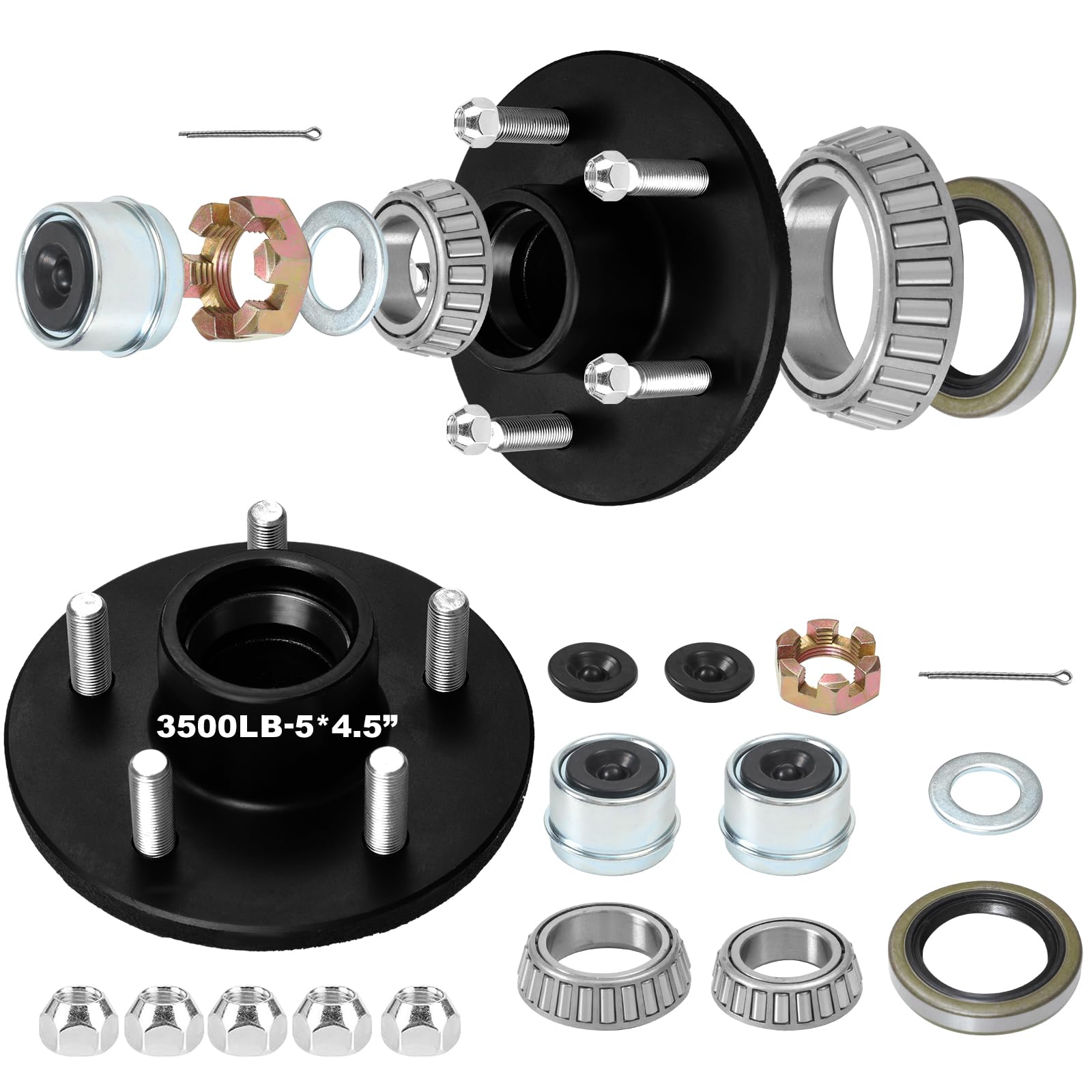 2セット トレーラーハブキット 5 オン 4.5 3500ポンド用 1-1/16インチから1-3/8インチテーパー車軸、追加のダストキャップ&ラバープラグ付きアイドラーハブ、L44649 L68149ベアリングキット付き5ラグトレーラーハブ