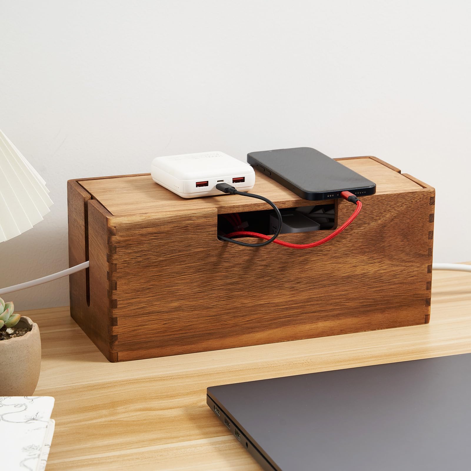 Acacia 木製ケーブル管理ボックス 木製コードハイダー&オーガナイザー 電源タップ 電気隠し テレビワイヤー デスク&フロアケーブル用 - オフィスデスク下ケーブル収納ボックス ワイヤー収納整理用