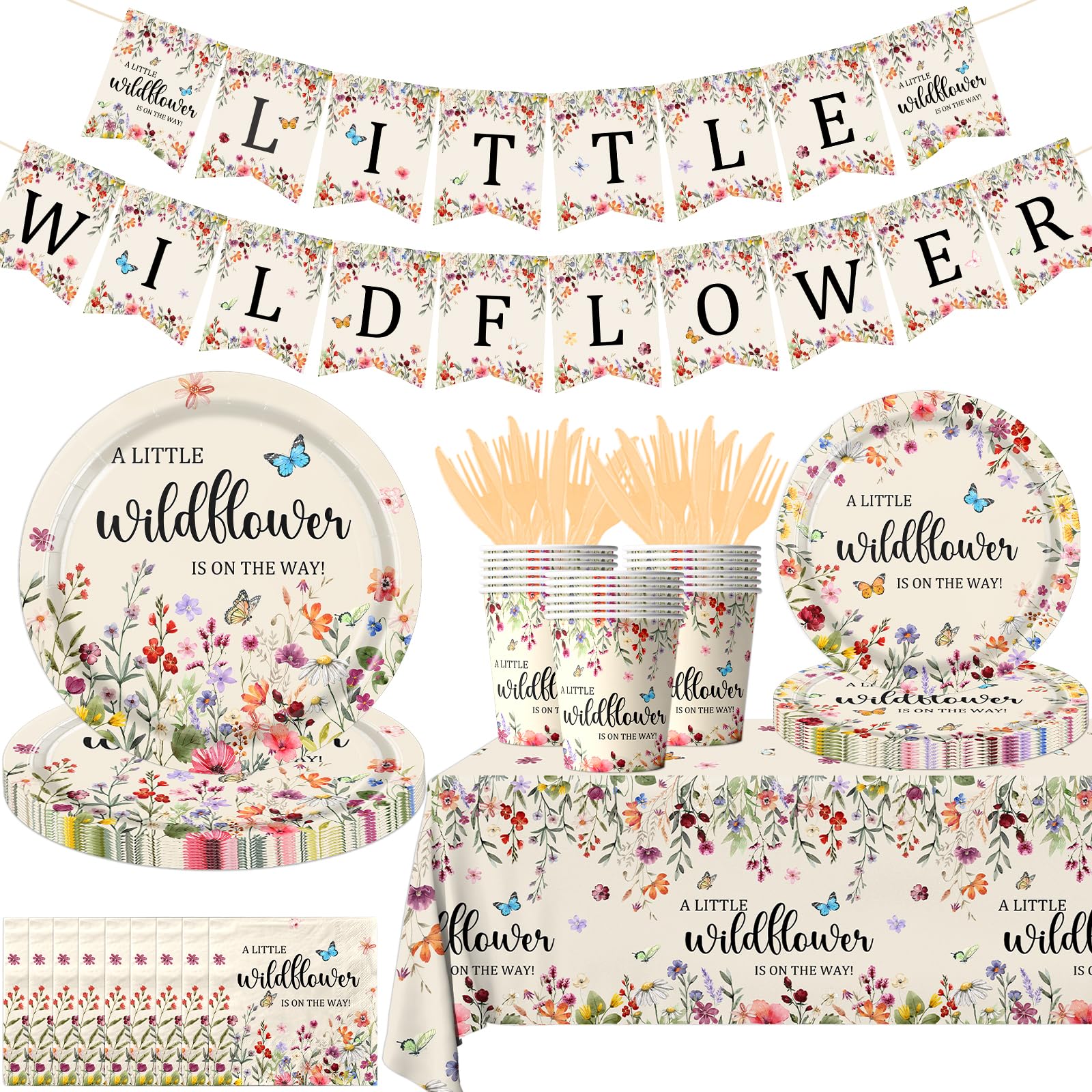 Wildflower Party Supplies 紙皿とナプキン 使い捨て 春 花柄 ベビーシャワー 誕生日 食器 Little Wildflower is on the Way 春 夏 ピクニック ウェディング ティーパーティーの装飾｜いいものばかり