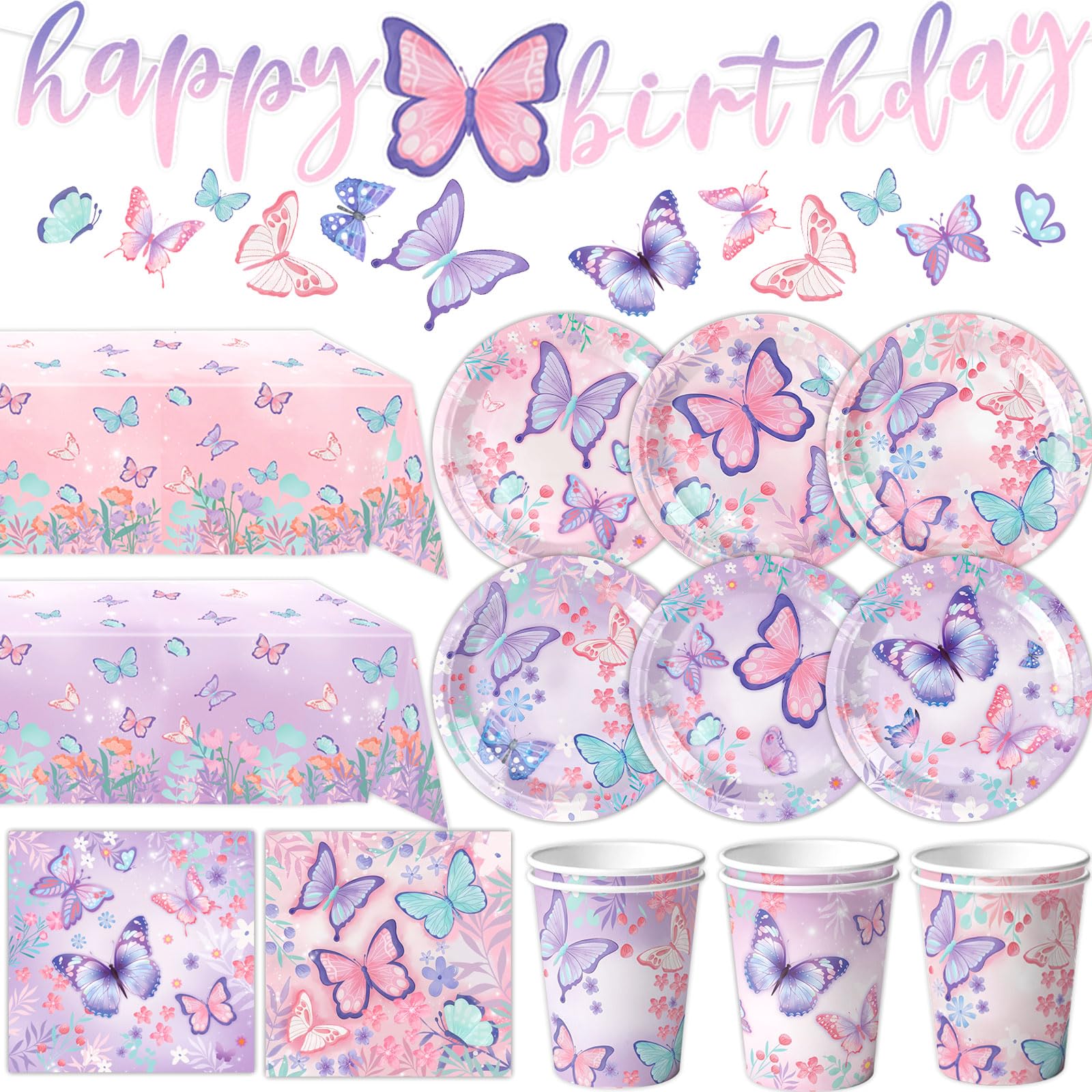 蝶の誕生日パーティー用品 使い捨て紙皿 ナプキンカップ テーブルクロスとバナー バタフライガールパーティー 誕生日デコレーション用 30枚分