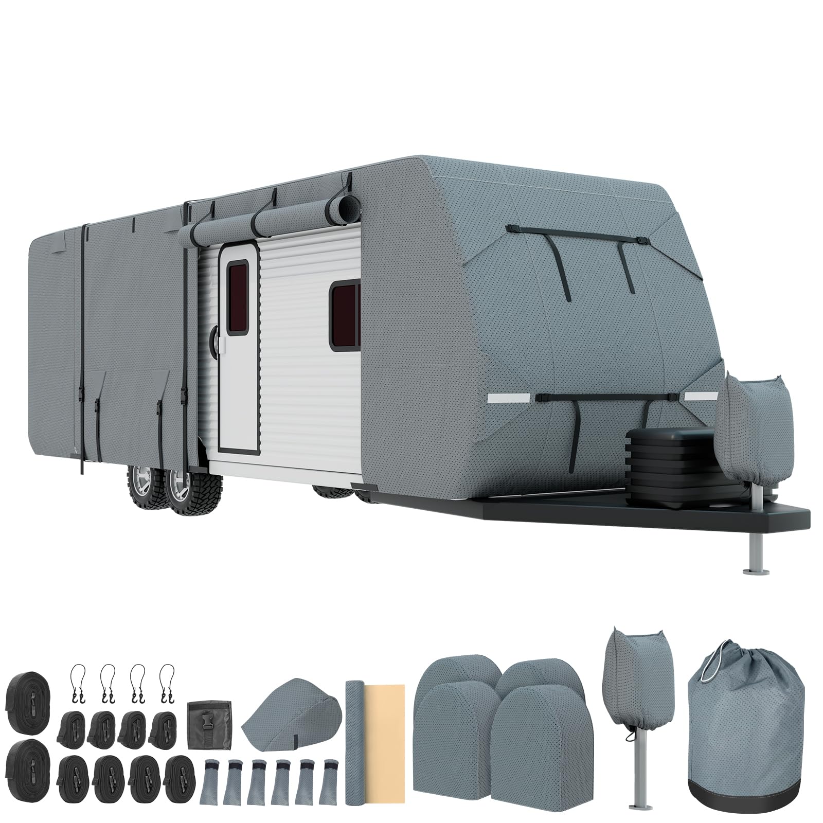 トラベルトレーラー RVカバー 極厚 アップグレード 5層 キャンピングカーカバー用 22フィート~24フィート 防風 防水 リップストップ RVカバー 粘着修理パッチ付き 予備ストラップ2本&タイヤカバー4枚