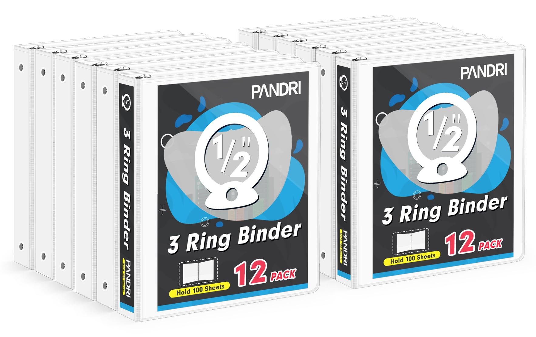 PANDRI 3リングバインダー 0.5インチ 12個パック 0.5インチ レターサイズ 8.5インチ x 11インチの紙に対応 万能バインダー オフィス ホームスクール用 ポケット2個 ホワイト