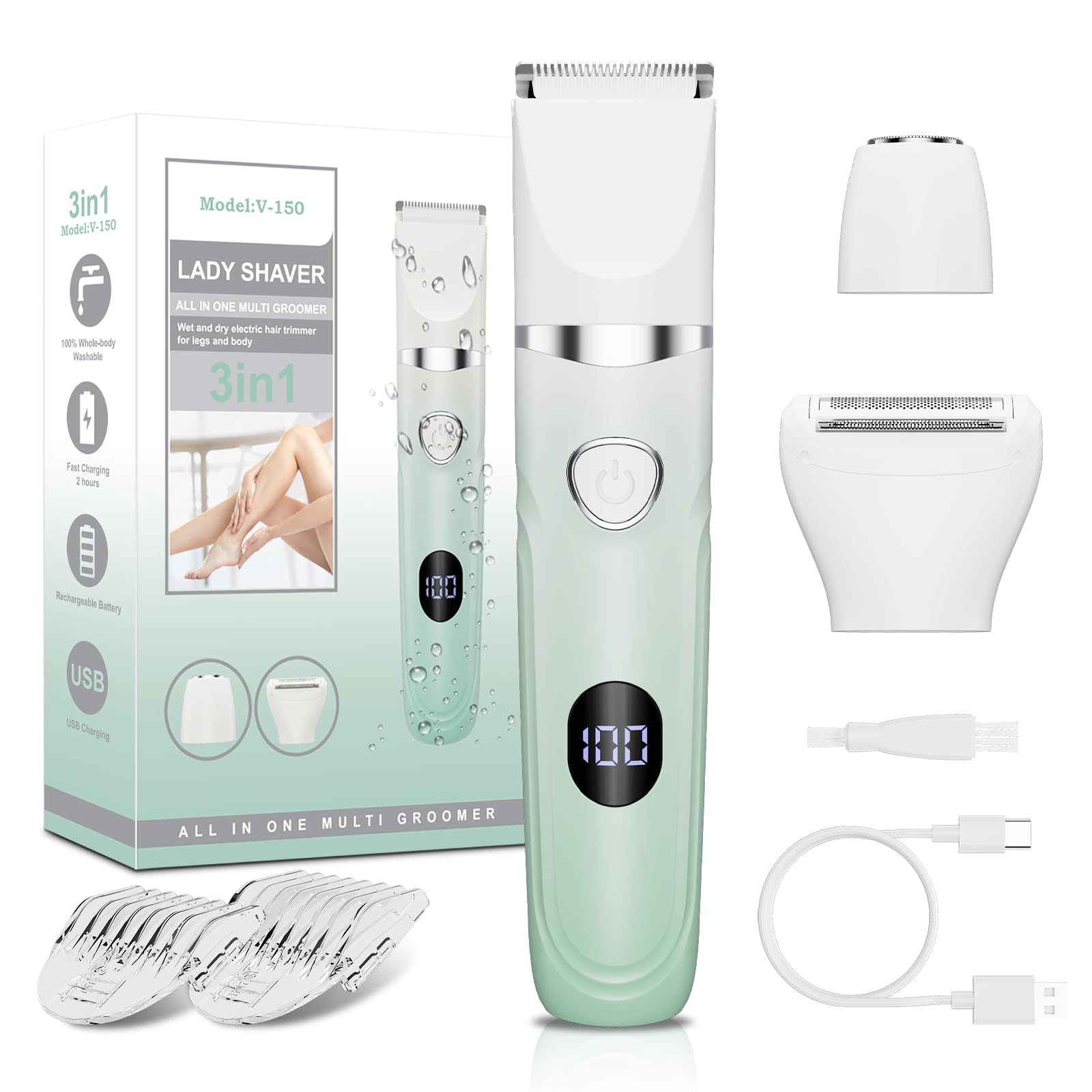 女性用ビキニトリマー 3イン1 シルクスキン用痛みのない電気カミソリ ウェット/ドライボディヘアシェーバー 顔 鼻 眉毛 腕 脇の下 脚 陰部 IPX7防水 セラミックブレード
