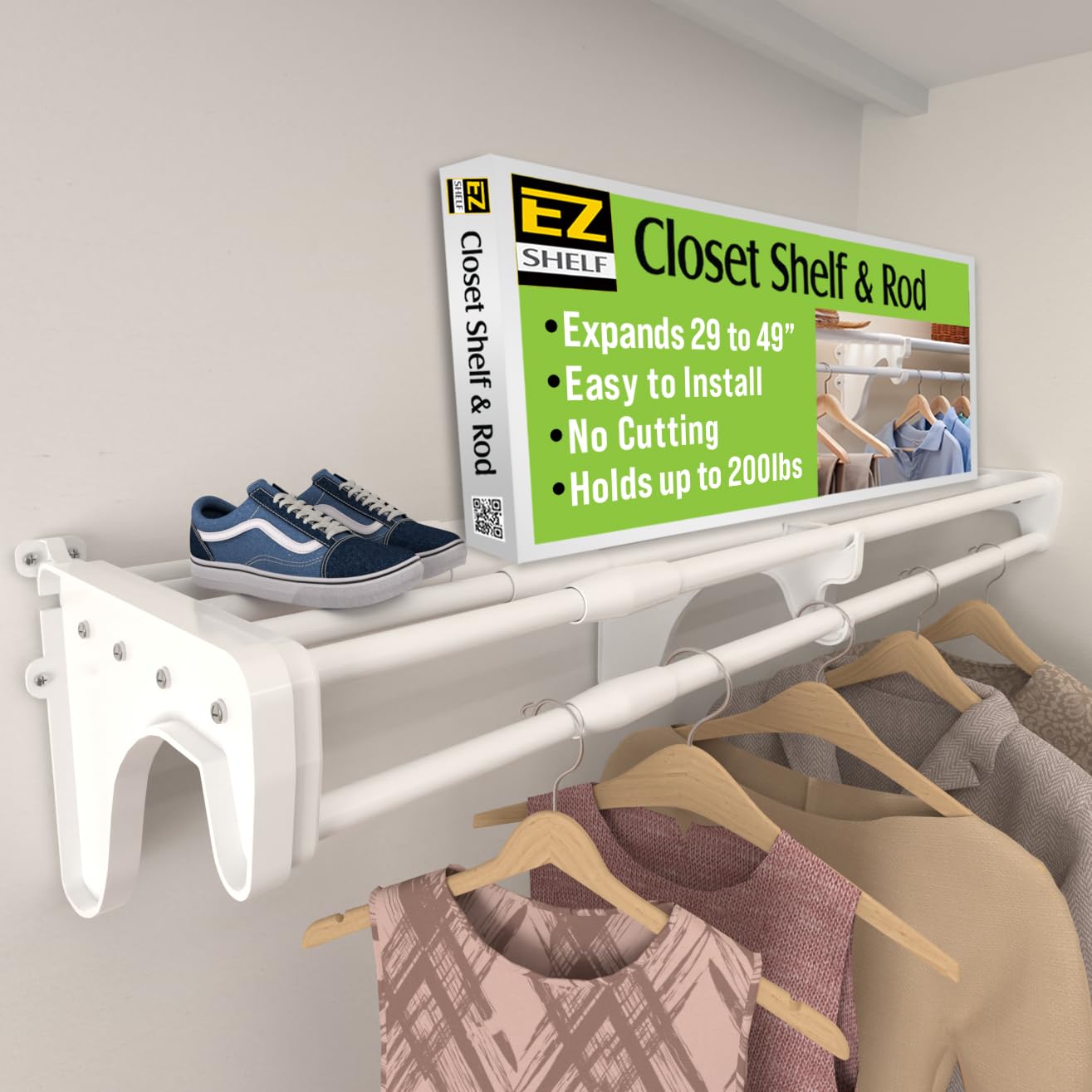 EZ SHELF - 28 - 49 Expandable Closet Shelf & Hanging Rod - White with 1 End Bracket for Mounting to 1 Side Wall & Back Wall by EZ Shelf