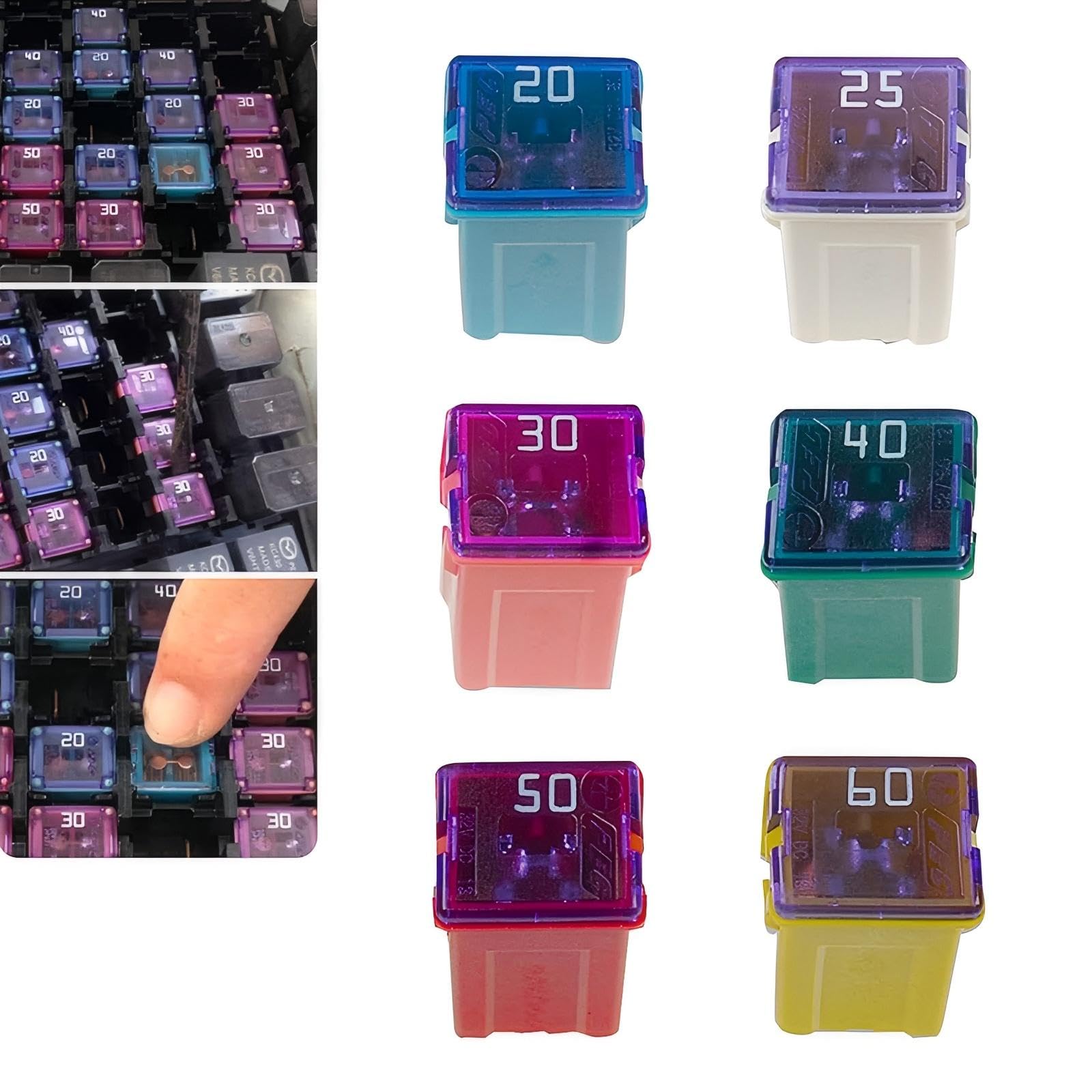 Nowkont Pack-6 車用ヒューズ詰め合わせコンボキット、20A/25A/30A/40A/50A/60A マルチスペシフィケーションカラーコーディングヒューズ、1.04インチ x 0.45インチ スクエアブレードヒューズ、ほとんどの車にユニバーサル(マルチカラー)｜いいものばかり