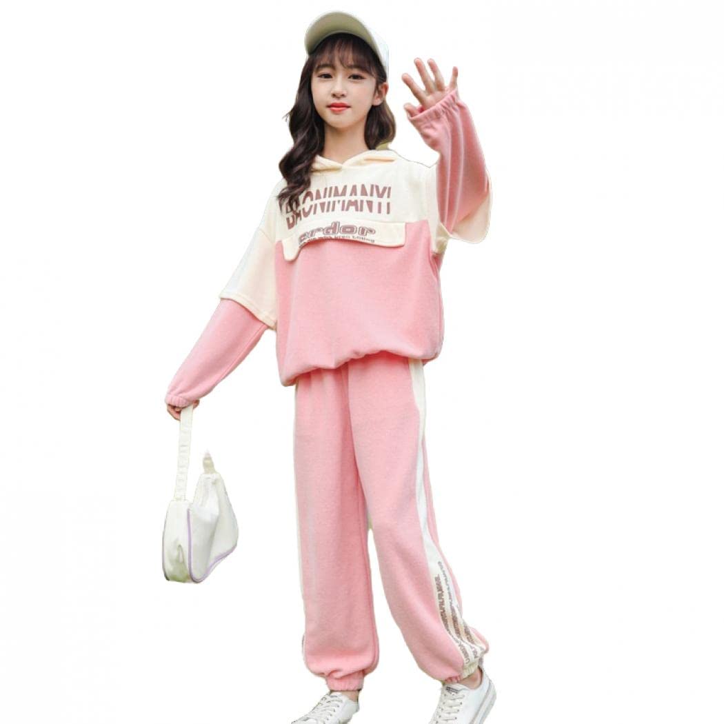 子供服 女の子 春秋冬 2点 上下セット 長袖 パーカー フード付き ロングパンツ ジャージ セットアップ ポーツウェア 重ね着風 ゆったり カジュアル アウドドア 普段着 運動会 通学 ガールズ キッズ服 (ピンク,110cm)｜いいものばかり